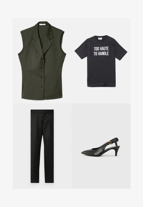Melnā zaļā bez piedurknēm veste ar pieguļošu dizainu, kurai ir iegriezts apkakle, pieci priekšējie pogas un krūšu kabata ar logo detaļu.; Melna kokvilnas T-kreklu ar īsām piedurknēm un apaļu kakla izgriezumu, ar baltu tekstu "PĀRĀK KARSTS, LAI TIKT UZMANĪTS" uz Priekšpuses.; Melnas bikses ar gludu audumu, pielāgotu dizainu, taisnām kājām un platu jostu bez redzamām aizdaram vai kabatām.; Melnas ādas siksnu pumpas ar norādītu pirkstu, nelielu papēdi un sprādzes detaļu uz potītes siksnas. Gluda tekstūra, minimalistisks dizains.
