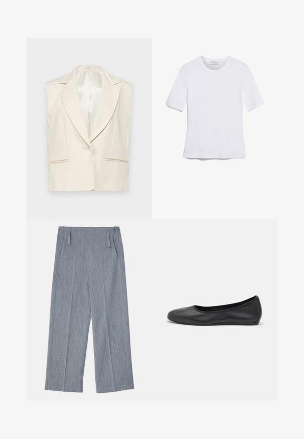 Bezramkowy żakiet z lnu w kolorze kremowym, z klapami w szpic, z pojedynczym zapięciem na guzik oraz dwoma przednimi kieszeniami. Gładka satynowa podszewka wewnątrz.; Biała koszulka krótki rękaw wykonana z materiału prążkowanego. Okrągły dekolt, regularny krój i subtelne detale szwów. Bez wzorów ani grafik.; Jasnoszare spodnie o szerokich nogawkach wykonane z teksturowanej tkaniny, z dwoma plisami z przodu i dwoma kieszeniami po bokach. Czysty, dopasowany krój.; Czarne skórzane baletki z zaokrąglonym noskiem, gładką fakturą, minimalnymi przeszyciami i elastycznym designem podeszwy.