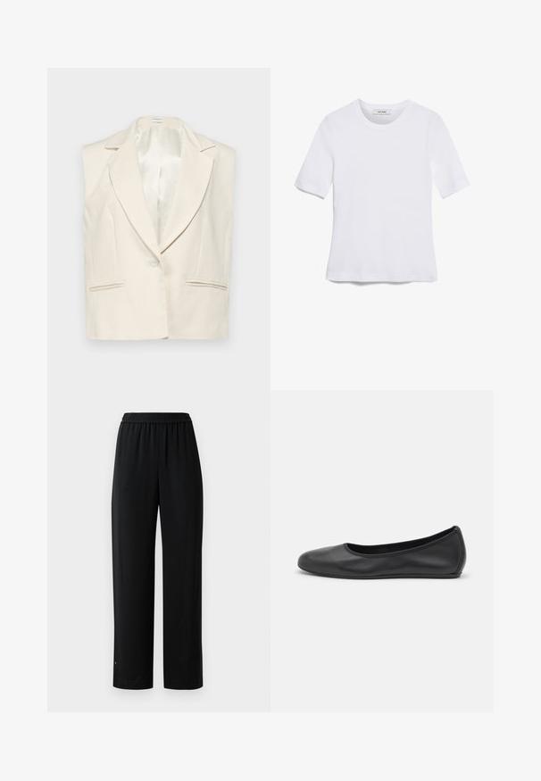 Blazer din in crem fără mâneci, cu rever încrețit, închidere cu un singur nasture și două buzunare frontale. Captuseală din satin neted la interior.; Tricou alb cu mânecă scurtă, confectionat dintr-un material texturat. Gât rotund, tăietură regulară și detalii subtile de cusătură. Fără modele sau grafice.; Pantaloni negri cu un croi larg, confecționați dintr-un material neted, cu un brâu elastic. Au un tăietură dreaptă și un detaliu minimalist. Sunt potriviți pentru purtarea zilnică.; Balerini din piele neagră, cu vârf rotund, textură netedă, detalii de cusătură minimale și un design al tălpii flexibil.