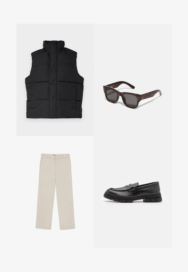 Black puffer vest with a high collar, padded sections, and two front pockets. Smooth texture with a minimalist design. No zippers or buttons.; Black turtleneck sweater made of a soft knit material. Features long sleeves, ribbed collar, and hem. Simple, sleek design without patterns.; Beige wide-leg pants with a smooth texture, featuring belt loops, two front pockets, and a zip fly closure. Minimalist design.; Black leather loafers with a smooth finish, featuring a front strap detail and a chunky rubber sole with grooved accents.; Tortoiseshell sunglasses with dark lenses, square frame, and silver accent studs on the front. Made of plastic, lightweight and durable.