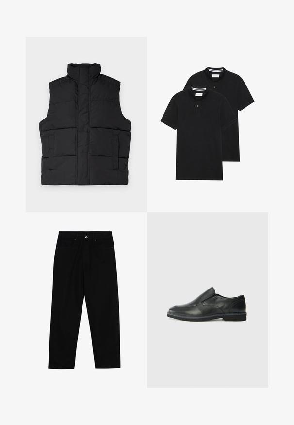 Svart puffväst med hög krage, vadderade sektioner och två framfickor. Slät yta med en minimalistisk design. Inga dragkedjor eller knappar.; Två svarta polo t-shirts, kortärmade, i bomullsmaterial, med en klassisk krage, tvåknappsslutning och vita randiga accenter inuti kragen.; Svarta denimbyxor med rak passform, femficksdesign och framknäppning. Slät textur med minimala sömdetaljer.; Svart lädersko i slip-on-modell med en slät ovandel, sömnadsdetaljer, rund tå och låg gummihäl. Sulan har minimal mönstring.