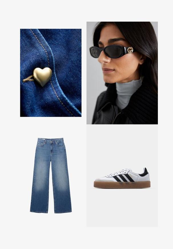 Bouton en métal en forme de cœur sur un tissu en denim bleu, présentant une surface lisse et des détails de couture raffinés, mettant en valeur le contraste de textures et de couleurs.; Chemise en denim, couleur indigo foncé, col classique, manches longues, fermeture à boutons, accentuée par une ceinture en cuir marron à la taille.; Jean en denim bleu clair à jambes larges avec un aspect délavé, cinq poches et une fermeture à bouton à la taille. Matière en coton, coupe droite.; Baskets en cuir blanc avec des rayures noires, semelle extérieure en caoutchouc beige, bout rond, fermeture lacée et embout en suède gris doux.; Lunettes de soleil noires avec une monture rectangulaire élégante et un accent logo doré sur le côté. Les verres sombres et la finition brillante sont proéminents.