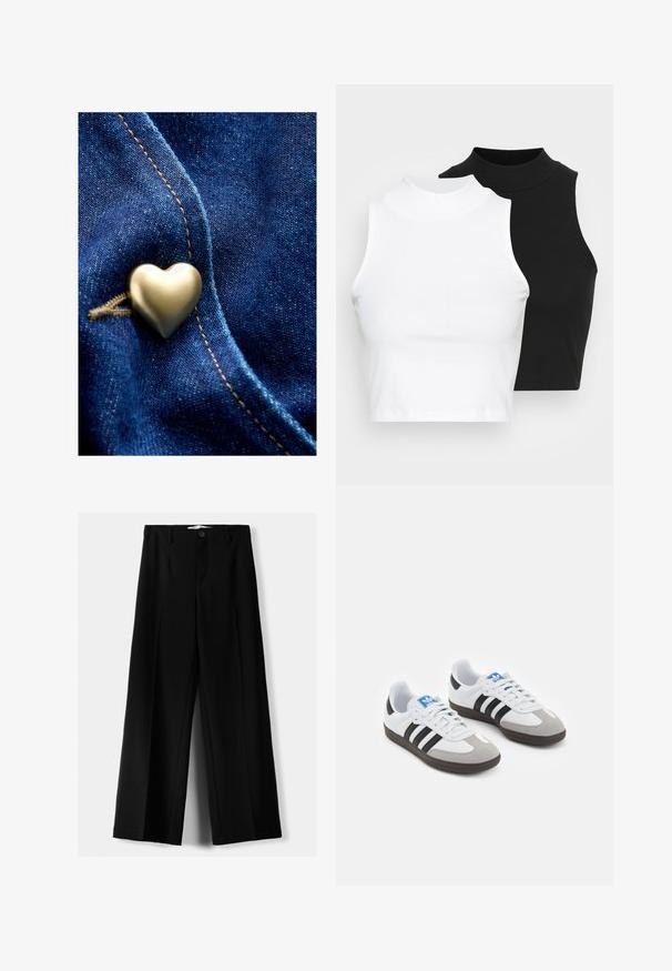 Buton metalic în formă de inimă pe un material denim albastru, având o suprafață netedă și detalii fine de cusătură, evidențiind textura și contrastul de culoare.; Două bluze fără mâneci, cu guler înalt, în culorile negru și alb, având un design ajustat și o textură netedă, cu o lungime scurtă.; Pantaloni negri cu picior larg, fabricați dintr-un material ușor, cu închidere frontală cu nasture și față plată, având tivuri cusute cu atenție.; Încălțăminte sport cu un superior din piele albă, vârf din suede gri și trei dungi negre. Prezintă un logo albastru pe limbă și o talpă din cauciuc texturat.