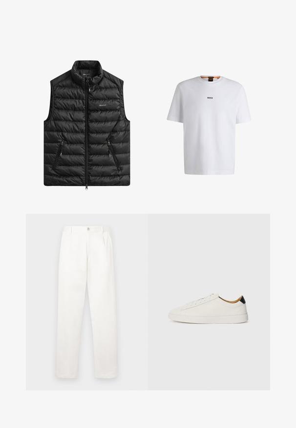 Černá prošívaná vesta s vysokým límcem, předním zipem a dvěma bočními kapsami. Má horizontální prošívání a logo na hrudi.; Bílý bavlněný tričko s krátkým rukávem, se středovým černým logem "BOSS" na hrudi a kulatým výstřihem.; Bílé kalhoty vyrobené z hladké tkaniny, s rovnými nohavicemi, předními sklady a jedním knoflíkem na zavírání v pase.; Bílá teniska s hladkým koženým svrškem, kulatou špičkou a plochou podrážkou. Černý akcent na patě, se tónovými tkaničkami a minimalistickým logem.