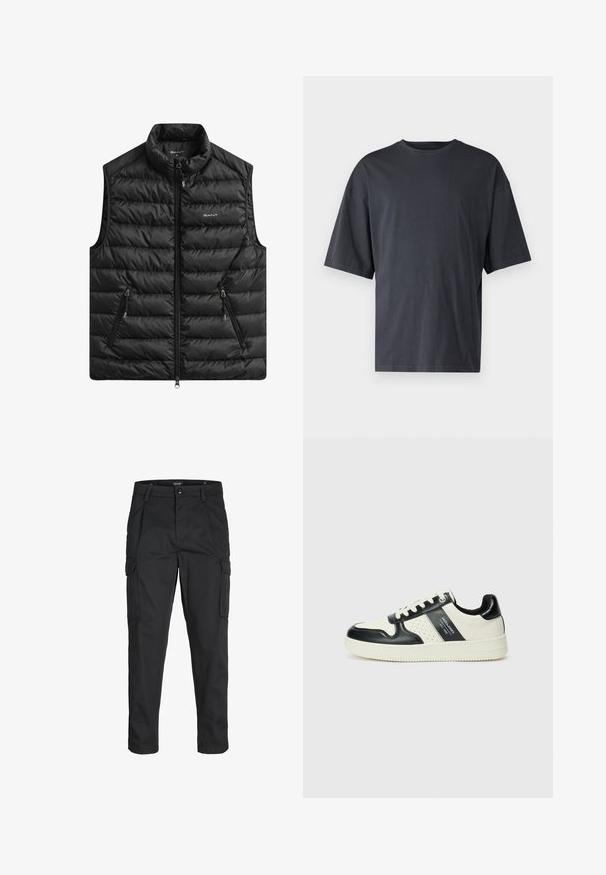 Crna prešivana prsluk s visokim ovratnikom, patentnim zatvaračem sprijeda i dva bočna džepa. Ima vodoravne šavove i logo na prsima.; Tamno siva kratka majica s kratkim rukavima, izrađena od laganog pamuka, s opuštenim krojem i klasičnim okruglim izrezom, bez uzoraka i teksta.; Crne cargo hlače izrađene od čvrstog materijala, s brojnim džepovima, kopčanjem na gumb i dizajnom koji pomaže da se prilagode tijelu sa suženim nogavicama.; Kožne tenisice s crno-bijelom paletom boja, koje imaju perforirane akcentne detalje, podstavljeni ovratnik i teksturiranu potplat.