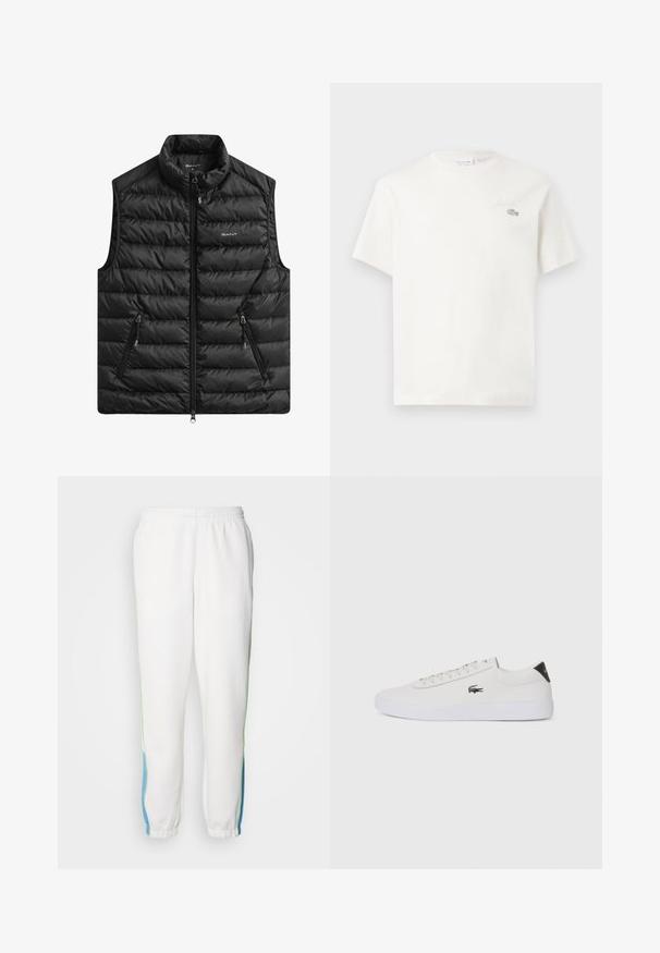 Čierna vystlaná vesta s vysokým golierom, predným zipsom a dvoma bočnými vreckami. Má horizontálne prešívanie a logo na hrudi.; Biela bavlnená tričkovo s krátkymi rukávmi, s jemne vyšitým logom a minimalistickým dizajnom. Mäkká textúra, okrúhly výstrih.; Biele teplákové nohavice s elastickým pásom, so zelenými a modrými bočnými pruhmi. Mäkká tkanina s úzkym strihom na členkoch.; Biele kožené tenisky s okrúhlou špičkou, šnurovaním vpredu a čiernym akcentom na päte. Obsahujú malé vyšívané logo krokodíla na boku.