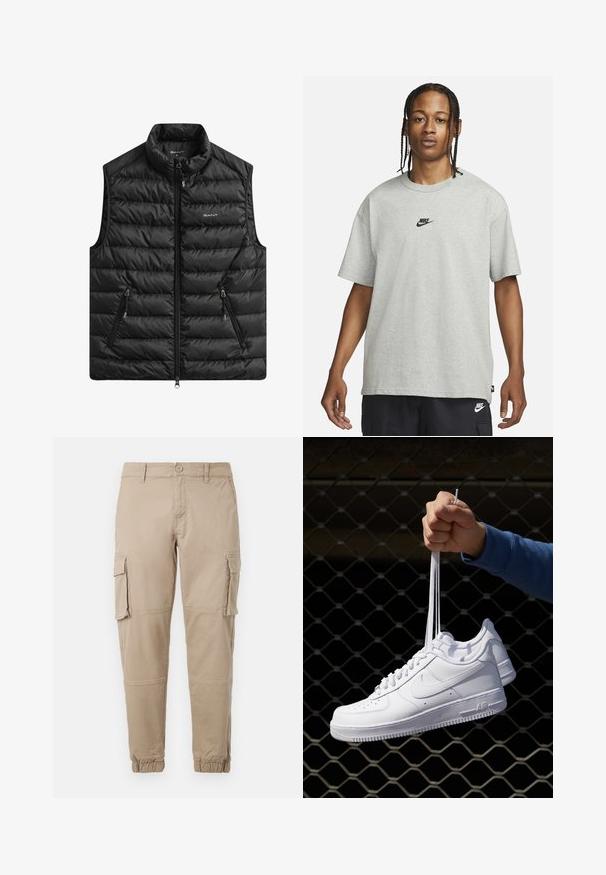 Schwarze gesteppte Weste mit hohem Kragen, Reißverschluss vorne und zwei Seitentaschen. Verfügt über horizontale Steppungen und ein Logo auf der Brust.; Junge Person mit geflochtenem Haar, die ein hellgraues Nike-T-Shirt und schwarze Nike-Shorts trägt, vor einem einfarbigen weißen Hintergrund.; Beige Cargo-Hosen aus leichtem Baumwollmaterial. Mit elastischen Bündchen, mehreren Seitentaschen und einem Knopfverschluss.; Weiße Leder-Sneaker mit Perforationen, runder Zehenpartie, flacher Sohle und dicken Schnürsenkeln, mit sichtbar eingesticktem Swoosh-Logo und "AIR" an der Ferse.