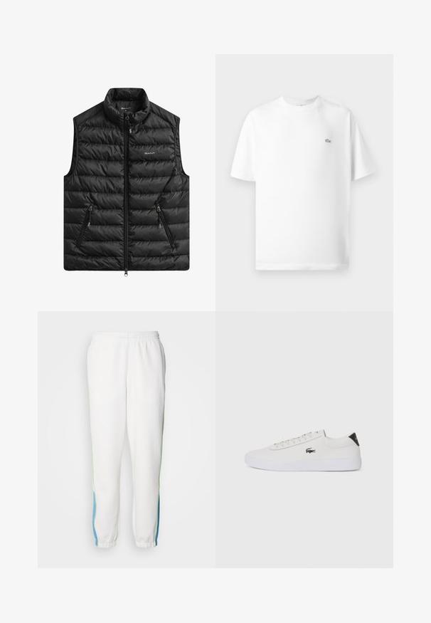 Melnas polsterētas vestes ar augstu apkakli, priekšā rāvējslēdzēju un divām sānu kabatām. Raksturo horizontāls šuve un logotips uz krūtīm.; Balts kokvilnas T-krekls arapa apaļu kaklu un īsām piedurknēm. Uz kreisā krūšu viena ir mazs melns Lacoste logo.; Baltas sporta bikses ar elastīgu jostu, ar zaļiem un ziliem sānu svītrainiem. Mīksta auduma ar sašaurinātu potīšu dizainu.; Baltas ādas sporta apavu modelis ar noapaļotu purngalu, sasienamu priekšpusi un melnu papēža akcentu. Satur nelielu izšūtu krokodila logo sānos.