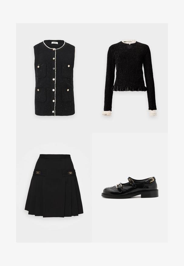 Czarna bezrękawnik o fakturowanej tkaninie, z kieszeniami z przodu, perłowym wykończeniem wzdłuż dekoltu i metalowymi guzikami na środku.; Czarny top z długim rękawem, z teksturowanej tkaniny, z falbaną na dolnym brzegu oraz białymi falbankami przy kołnierzyku i mankietach. Posiada centralne zapięcie na pętelkę.; Czarna plisowana spódnica z złotymi akcentami. Posiada boczne kieszenie z logo, wykonana z gładkiego materiału. Sylwetka w kształcie litery A.; Czarne skórzane buty z detalami brogu, z dwoma klamrami, okrągłym noskiem i niskim obcasem. Gładka tekstura z błyszczącym wykończeniem.