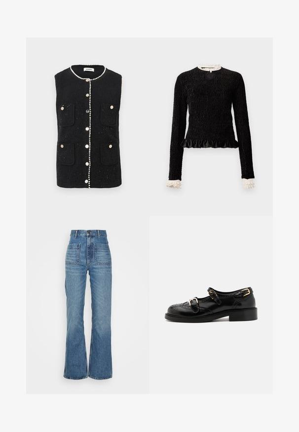 Juodas be rankovių liemenė, pagaminta iš tekstūruoto audinio, su priekinių kišenių, perlo spalvos apdaila aplink iškirptę ir metaliniais mygtukais centre.; Juodas ilgomis rankovėmis viršus su tekstūruotu audiniu, raukiniais apatinėje dalyje ir baltais raukiniais prie apykaklės ir rankogalių. Yra centrinis užsegimas su kilpele.; Aukštai tiesi mėlyni džinsai su platėjančiomis kojomis, dviem priekinėmis kišenėmis ir dviem galinėmis kišenėmis; tekstūruotas audinys su blukimo efektu.; Juodi odiniai batai su brogučių detalėmis, turintys dvi sagtis, apvalų nosį ir žemą kulną. Lygus paviršius su blizgiu finišu.