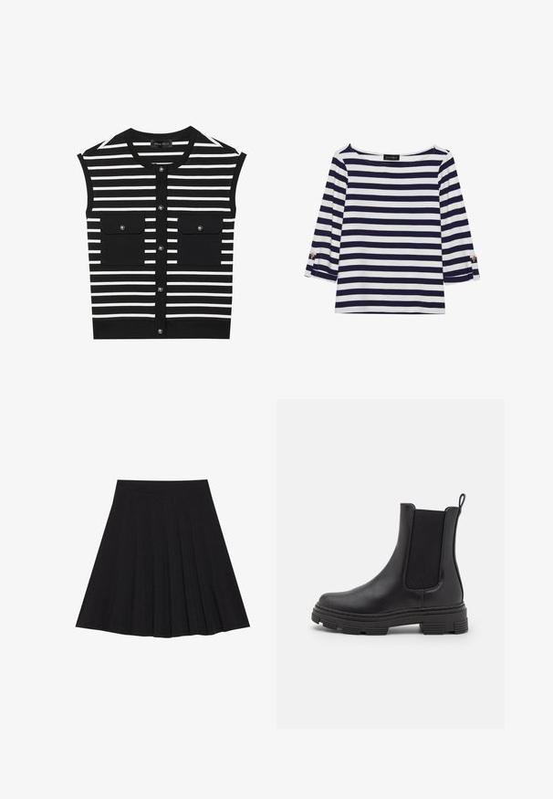 Črno-bele črtaste brezrokavne majice z okroglim izrezom, sprednjim zapenjanjem na gumbe in dvema bleščečima žepoma z zapiralnimi gumbi.; Mornarsko modra in bela črtasta majica z dolgimi rokavi, z vratnim izrezom v obliki čolna in zlatimi gumbi na zavihkih rokavov. Mehka tkanina, sproščen kroj.; Črna plisirana krila iz strukturiranega materiala s prilegajočim pasom. Segajo do kolen in ponujajo gladko, čisto silhueto.; Črne usnjene gležnjarje z elastiko na straneh, zaobljenim prstom in teksturiranim gumijastim podplatom. Imajo zanko na zadnji strani za enostavno obuvanje.