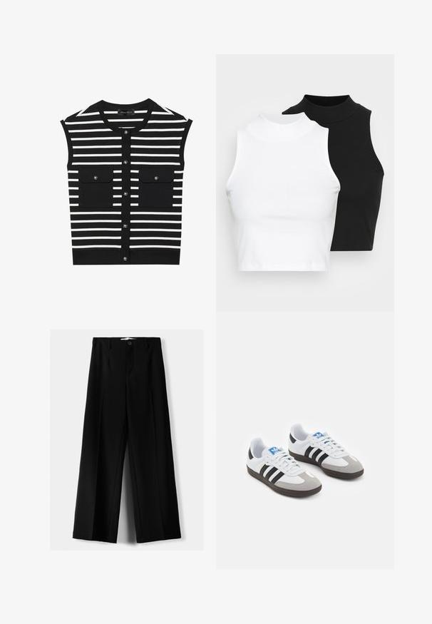 Czarno-biała, pasiaste bezrękawnik z okrągłym dekoltem, z przodem na guziki oraz dwiema naszytymi kieszeniami z zatrzaskami.; Dwa bezrękawnikowe golfy w kolorze czarnym i białym, charakteryzujące się dopasowanym fasonem i gładką teksturą, o skróconej długości.; Czarne spodnie szerokie, wykonane z lekkiego materiału, z zapięciem na guzik z przodu i gładkim przodem, z starannie wykończonymi brzegami.; Buty sportowe z białą skórzaną cholewką, szarym zamszowym noskiem i trzema czarnymi paskami. Posiadają niebieskie logo na języku oraz teksturowaną gumową podeszwę.