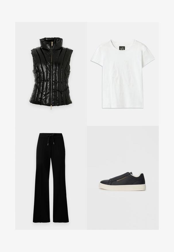 Black shiny quilted sleeveless padded vest with high collar and front zipper closure against white background.; White cotton t-shirt with short sleeves, featuring a raised logo "AX" on the front and "ARMANI EXCHANGE" text below in a subtle design.; Black wide-leg sweatpants with a drawstring waistband, side slit accents, soft fabric, and a sleek design.; Black leather slip-on sneaker with white sole, gold "Armani Exchange" logo on side, and minimalist stitching detail.