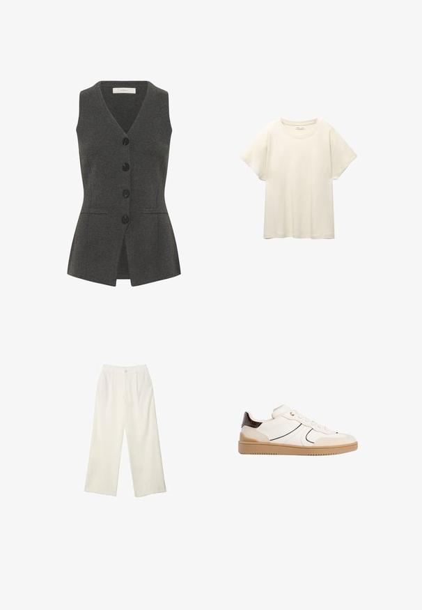 Sivi suknjič z V-izrezom in brez rokavov, z gumbom spredaj, stranskimi žepi in prilegajočim krojem. Narejen je iz strukturirane tkanine.; Svetlo bež kratkosleeven majica s okroglim ovratnikom, izdelana iz mehke, gladke tkanine. Ima sproščen kroj in raven rob.; Hlače širokih nogavic iz kremaste tkanine z gladko teksturo, z enim sprednjim gumbom, diskretnimi plisami in visokim pasom.; Stradivarius Športni copati - white