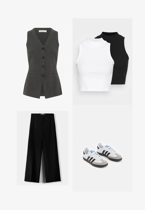 Sivá vesta s výstrihom do V a bez rukávov, s predným zapínaním na gombíky, bočnými vreckami a úzkym strihom. Vyrobená z textúrovanej látky.; Dve bezrukávové rebrované roláky v čiernej a bielej farbe, pričom majú priliehavý strih a hladkú textúru, s krátkou dĺžkou.; Čierne široké nohavice z ľahkého materiálu, s predným zapínaním na gombík a plochým predným dielom, s pekne ušitými lemami.; Športové topánky s bielym koženým zvrškom, šedou semišovou špičkou a tromi čiernymi pruhmi. Obsahujú modré logo na jazyku a štruktúrovanú gumovú podrážku.
