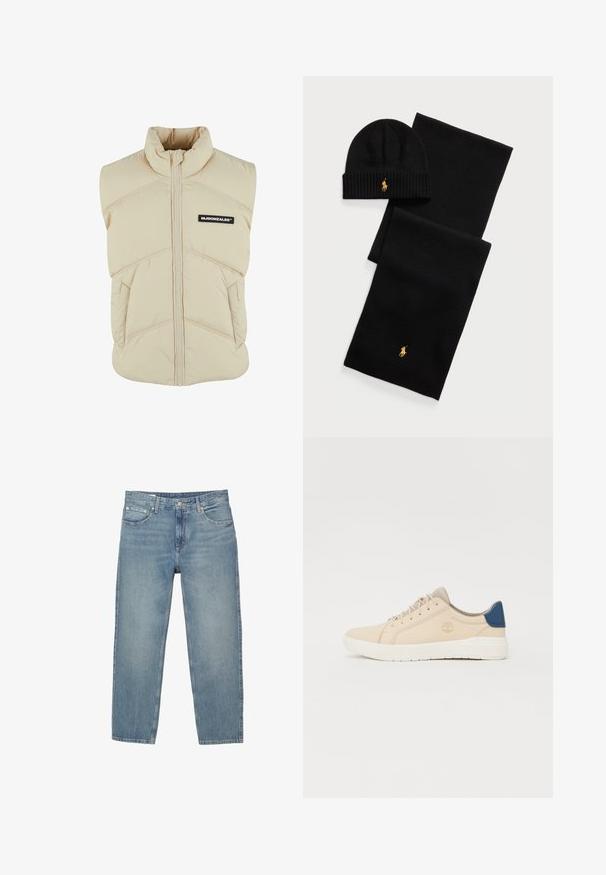 Beige gepolsterte Weste mit hohem Kragen, Reißverschluss vorne, diagonalen Nähten und einem schwarzen Logo-Patch auf der linken Brust. Weiche, gesteppten Textur.; Weißes T-Shirt mit kurzen Ärmeln aus weicher Baumwolle. Crew-Hals Design mit lässiger Passform und ohne sichtbare Logos oder Muster.; Hellblaue Denim-Jeans mit klassischem geradem Bein, ausgestattet mit fünf Taschen, Gürtelschlaufen und dezenten Nähdetails.; Beige Sneaker aus Wildleder mit einer weißen Sohle, beigen Schnürsenkeln und einem blauen Akzent an der Ferse. Mit eingeprägtem Logo an der Seite.; Schwarzes Strickmütze- und Schals-Set. Verfügt über eine gerippte Textur und goldene Logo-Akzente. Weicher Stoff mit einem eleganten Design, geeignet für kaltes Wetter.