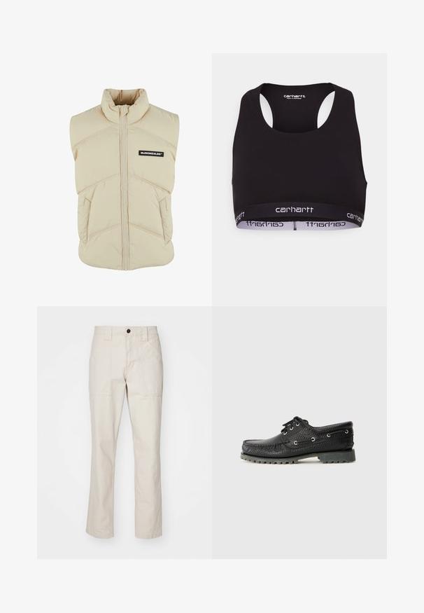 Beige színű, párnázott mellény magas gallérral, elülső cipzárral, ferde varrásokkal és fekete logós jelvénnyel a bal mellen. Puha, steppelt textúra.; Fekete sportmelltartó, kerek nyakkivágással és versenyhát kialakítással. Erősített derékpánttal rendelkezik, amelyen fehér "carhartt" felirat található. Puha szövettextúra.; Beige pamut nadrág egyenes lábakkal, két elülső zsebbel, egy gombos záródással és látható varrásokkal.; Fekete, texturált fűzős cipő, kerek orral, fémből készült fűzőlyukakkal és durva szürke gumitalppal. Az üstön fonott minta található.