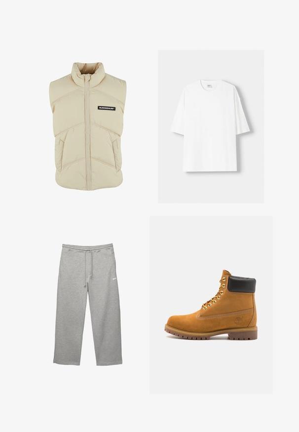 Beige vadderad väst med hög krage, framtill dragkedja, sned sömnad och en svart logotyp på vänster bröst. Mjuk, quiltad textur.; Vit t-shirt med kort ärm, tillverkad av bomull, med rund halsringning och en avslappnad passform. Slät yta utan synliga mönster eller detaljer.; Grå sweatshirtbyxor i mjukt tyg med elastisk midja, justerbar dragsko och sidofickor. Har en liten vit logotyp.; Tan mockasins ankelstövlar med svart vadderad krage, guldmetallöglor, vit sömdekor och slitstöt gummisula med utmärkta mönster.