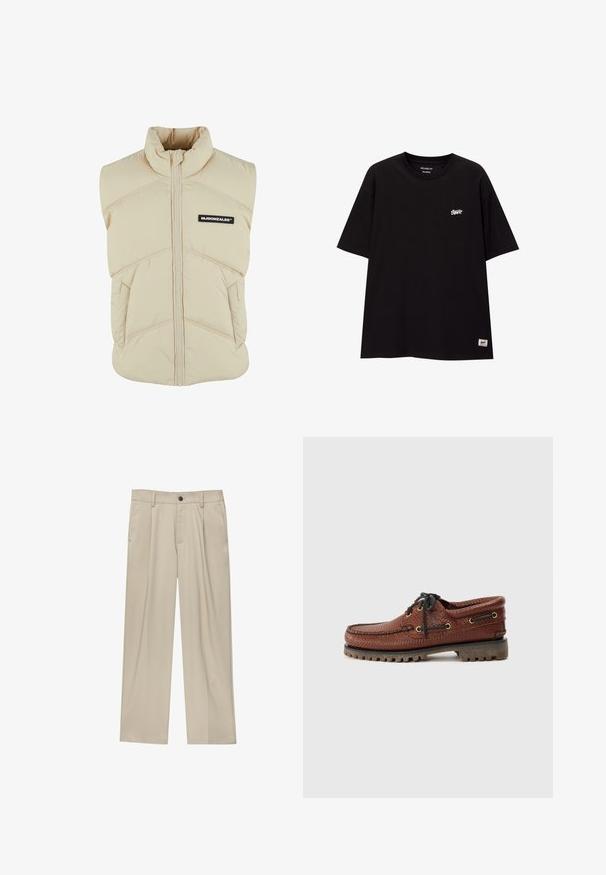 Vesta bej, captusită, cu guler înalt, fermoar frontal, cusături diagonale și o etichetă cu logo negru pe pieptul stâng. Textură moale, matlasată.; Tricou negru, cu croială lejeră, fabricat din bumbac, cu mâneci scurte. Prezintă un mic logo alb pe piept și un eticheta pe tivul inferior.; Pantaloni bej cu croi drept, dotati cu un singur nasture negru, bucle pentru centură și buzunare laterale. Textură de țesătură netedă și design minimal.; Pantofii de bărbat din piele maro, tip barcă, cu partea superioară texturată, sistem de închidere cu sireturi negre și ochiuri aurii. Au o talpă din cauciuc durabilă, cu profil îndelungat.