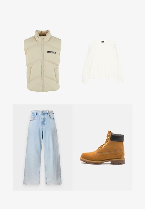 Beige gewatteerde vest met hoge kraag, ritssluiting aan de voorkant, diagonale stiksels en een zwart logo-embleem op de linkerkant van de borst. Zachte, gewatteerde textuur.; Witte bloes met lange mouwen van zachte stof, met een brede ronde hals en een relaxte pasvorm. Gladde textuur met geribde manchetten.; Lichtblauwe wijdvallende jeans van denim, met een hoge taille, zichtbare stiksels, voorzakken en een rechte snit tot aan de zoom.; Tan suède enkelboot met zwart gevoerd kraagje, gouden metalen oogjes, witte stikdetails en een robuuste rubberen zool met uitgesproken profiel.