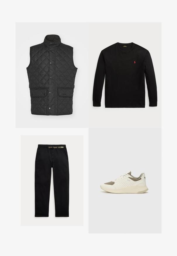 Μαύρο καπιτονέ γιλέκο με ψηλό γιακά, που διαθέτει δύο μπροστινές τσέπες και κλείσιμο με κουμπιά σνάπ, φτιαγμένο από ένα λείο, ελαφρύ υλικό.; Μαύρο μπλουζάκι με μακριά μανίκια από βαμβάκι. Διαθέτει στρογγυλή λαιμόκοψη, ριγωτές μανσέτες και ένα μικρό κόκκινο κεντητό λογότυπο στο στήθος. Λείο υφή.; Μαύρο παντελόνι από ελαφρύ ύφασμα, με ελαστική μέση και ενσωματωμένη πράσινη ζώνη, ίσιο κόψιμο και πλαινές τσέπες.; Λευκό και ανοιχτό μπεζ αθλητικό παπούτσι, με επάνω μέρος από διχτυωτό υλικό, διακοσμήσεις με περφορέ και υφή στην ενδιάμεση σόλα με επωνυμία στη φτέρνα.