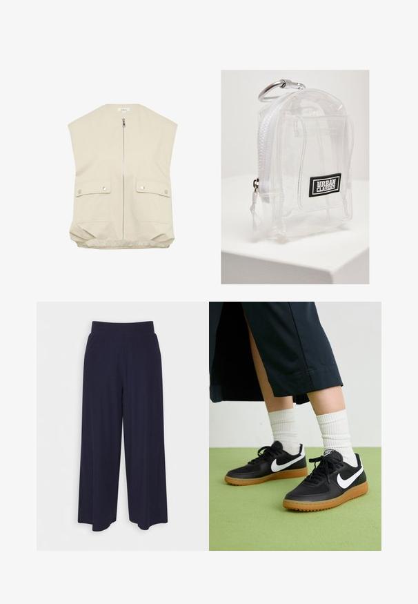 Beige ärmellose Weste mit hohem Kragen, Frontreißverschluss, zwei geknöpften Taschen und einem gerafften Saum. Hergestellt aus glattem, leichtem Stoff.; Weißes, kurzgeschnittenes T-Shirt aus geripptem Stoff. Hat kurze Ärmel mit ausgefransten Kanten und einen runden Halsausschnitt mit Rüsche.; Weit geschnittene Hosen aus dunkelnavy Stoff mit strukturiertem Rippendesign. Merkmale sind ein glatter Hosenbund und eine luftige Silhouette, die bis zur Mitte der Wade reicht.; Schwarze Leder- und synthetische Sneakers mit weißem Nike-Swoosh, Gummisohle, runder Spitze und schwarzen Schnürsenkeln. Gestreifte weiße Socken sind sichtbar.; Klarer PVC-Mini-Rucksack mit weißem Reißverschluss und Riemen. Mit einem schwarzen Logo-Patch und einem silbernen Karabiner ausgestattet. Kompakte rechteckige Form.