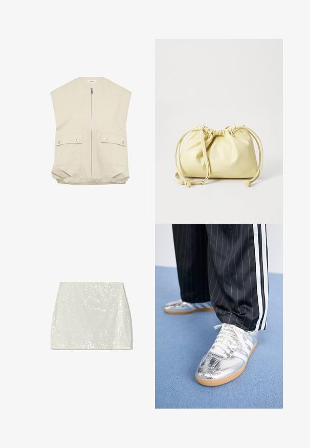 Beige ärmellose Weste mit hohem Kragen, Frontreißverschluss, zwei geknöpften Taschen und einem gerafften Saum. Hergestellt aus glattem, leichtem Stoff.; Weißes Baumwoll-T-Shirt mit kurzen Ärmeln, Rundhalsausschnitt und geradem Schnitt. Glatte Textur, einfaches Design, keine sichtbaren Muster oder Akzente.; Bershka A-Linien-Rock - white; Metallisch silberne Sneaker mit weißen Schnürsenkeln und drei weißen Streifen, kombiniert mit schwarzen Nadelstreifen-Hosen. Gummisohle am Boden.; Gelbe Lederhandtasche mit gerafftem Design, verstellbarem Kordelzugverschluss und einem langen, einzelnen Tragegurt. Minimale Markenkennzeichnung am Boden.