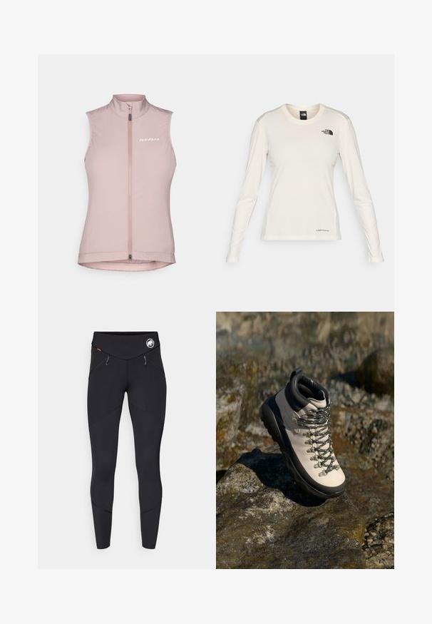 Rosa ärmellose Radweste mit hohem Kragen, frontalem Reißverschluss und weißem Logo auf der linken Brust. Hergestellt aus leichtem, dehnbarem Material.; The North Face SHADOW LONG SLEEVE - Langarmshirt - white dune; Schwarze Leggings aus dehnbarem Stoff, mit einem hohen Taillenbund, zippered Taschen und strukturiertem Einsatz an den Seiten.; Hellbeige Wanderschuhe mit einer schwarzen Gummisohle, flexiblem Obermaterial, Metallösen und grauen Schnürsenkeln, platziert auf einer felsigen Oberfläche.