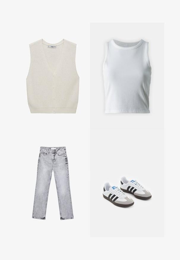 Ljusgrön stickad väst med V-ringning, ärmlös design, femknappsstängning och ribbad nederkant. Har ett texturerat mönster över hela plagget.; Vit ribbad linne med rund halsringning och ärmlös design, med en rak nederkant och en smidig, elastisk textur.; Grå denimjeans med rak benpassform, slitna detaljer, fem fickor och kopparnitar. Midjan har en logotagg.; Sportskor med överdel i vit läder, grå mocka på tårna och tre svarta ränder. Har en blå logotyp på tungan och en texturerad gummisula.