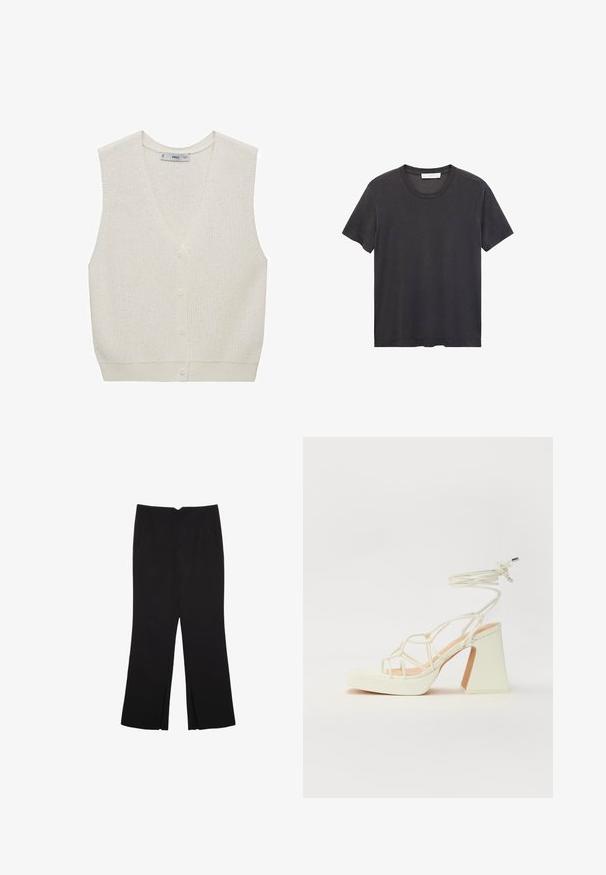 Gilet lavorato a maglia di colore crema chiaro con scollatura a V, senza maniche, chiusura con cinque bottoni e orlo a coste. Presenta un motivo testurizzato su tutta la superficie.; T-shirt nera a girocollo realizzata in cotone morbido. Maniche corte, vestibilità rilassata e orlo dritto senza decorazioni né motivi.; Pantaloni neri a gamba dritta, con tasche frontali e spacchi laterali all'orlo. Realizzati in tessuto morbido e liscio. Adatti a diverse occasioni.; Sandalo bianco con tacco alto, caratterizzato da un design a cinturini e un legaccio alla caviglia. Texture liscia con una piattaforma frontale per un'altezza aggiuntiva.