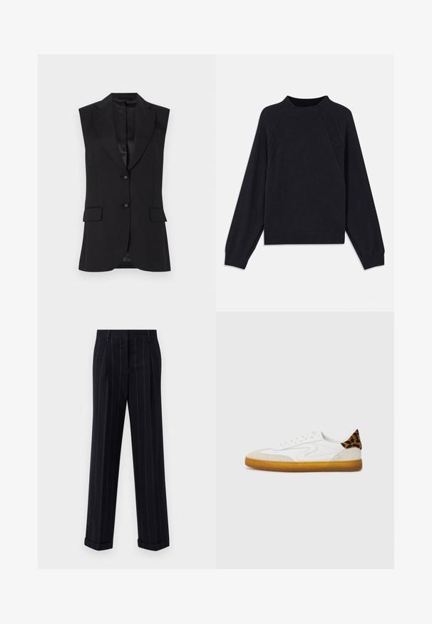 Schwarze ärmellose Blazerjacke mit Reverskragen, zwei vorderen Taschen und Ein-Knopf-Verschluss. Glatte Textur und taillierte Passform.; Dunkelblauer Pullover mit rundem Ausschnitt, langen Raglanärmeln, gerippten Bündchen und geradem Saum. Hergestellt aus einem weichen, strukturierten Strickmaterial.; Schwarz gestreifte Hose mit tailliertem Schnitt, mit einem umgeschlagenen Saum und vorderen Falten. Hergestellt aus glattem Stoff mit einer strukturierten Gestaltung.; Weiße Sneaker mit strukturiertem Nubuk- und Leder-Obermaterial, präsentiert mit einem Leopardenmuster-Akzent an der Ferse und einer Gummisohle.