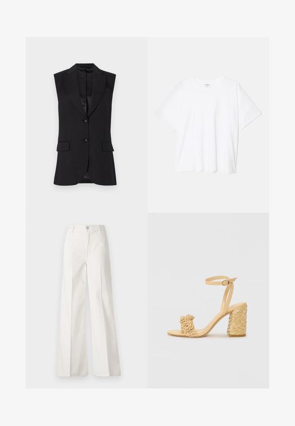 Juodas be rankovių švarkas su išpjovimu, dviem priekinėmis kišenėmis ir viena mygtuko uždarymu. Lygus tekstūra ir pritaikytas dizainas.; Balta medvilnės marškinėliai trumpomis rankovėmis, apvalia iškirpte, laisvo kirpimo ir su siūtu kraštu. Etiketė matoma vidinėje iškirptės pusėje.; Balti platūs baltos spalvos keliai, pagaminti iš medvilnės su lygiu paviršiumi. Yra priekinis mygtukas, užtrauktukas ir keturi kišenės.; Bežiniai aukšti kulniukai su pintu tekstūra, puošiami dekoratyvine gėle ir kulkšnies dirželiu. Kvadratinis kulnas suteikia stabilumo.