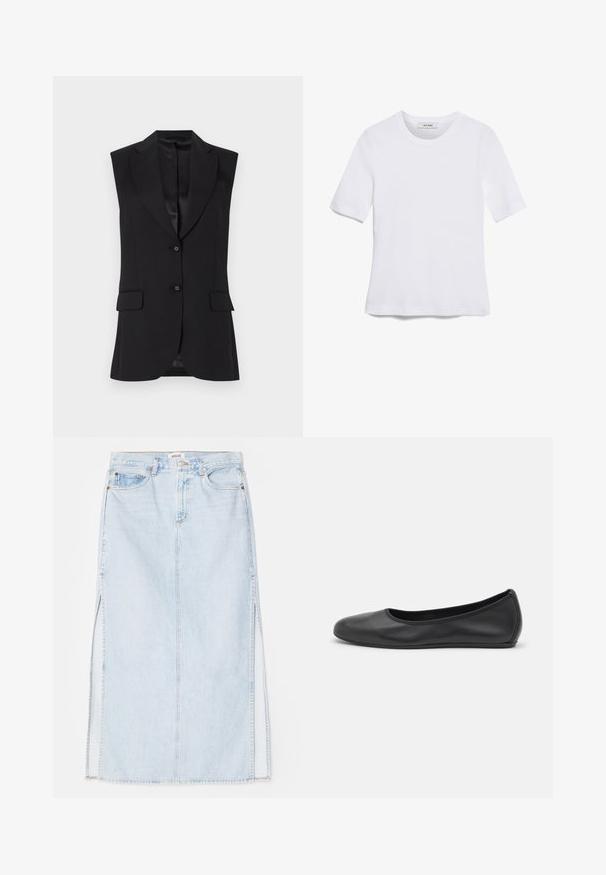 Crni bezrukavni sako s reverom, dva prednja džepa i zatvaranjem na jedan dugme. Glatka tekstura i krojeni dizajn.; Bijela majica s kratkim rukavima izrađena od rebraste tkanine. Okrugli izrez, klasičan kroj i suptilni detalji šivanja. Bez uzoraka ili grafika.; Svijetloplava traper maxi suknja ravnog kroja, sa bočnim izrezima i dizajnom sa pet džepova. Istaknuto šivanje i metalno zatvaranje s dugmetom.; Crne kožne baletanke s zaobljenim vrhom, glatke teksture, minimalnim detaljima šavova i fleksibilnim dizajnom potplata.