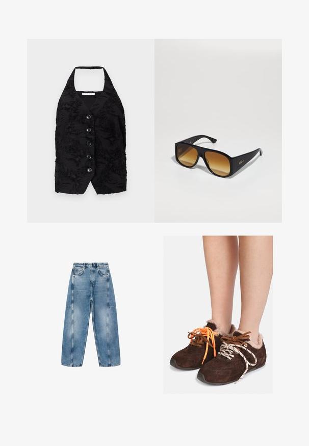 Czarna kamizelka z fakturowanej tkaniny z wypukłymi wzorami, z dekoltem w serek i sześcioma guzikami z przodu. Krój halter, bez rękawów, krótka konstrukcja.; Szary krótkostrzyżony sweter wykonany z miękkiego, puszystego materiału. Posiada długie rękawy i okrągły dekolt, z gładką, lekką teksturą.; Biała koszulka z krótkim rękawem, wykonana z miękkiej bawełny, z okrągłym dekoltem i luźnym krojem z podwiniętymi detalami. Bez wzorów ani akcentów.; Jasnoniebieskie dżinsy charakteryzują się luźnym krojem, dużymi kieszeniami i kontrastowym przeszyciem. Materiał ma wyblakłe wykończenie o gładkiej teksturze.; Brązowe zamszowe buty wsuwane z futrzanym wykończeniem noszone na gołych stopach, z niedopasowanymi sznurówkami: jedna pomarańczowa i jedna biała w czarne paski.; Czarne prostokątne okulary przeciwsłoneczne z brązowymi gradientowymi soczewkami. Wykonane z tworzywa sztucznego, z gładką powierzchnią i subtelnym złotym logo na zausznicy.