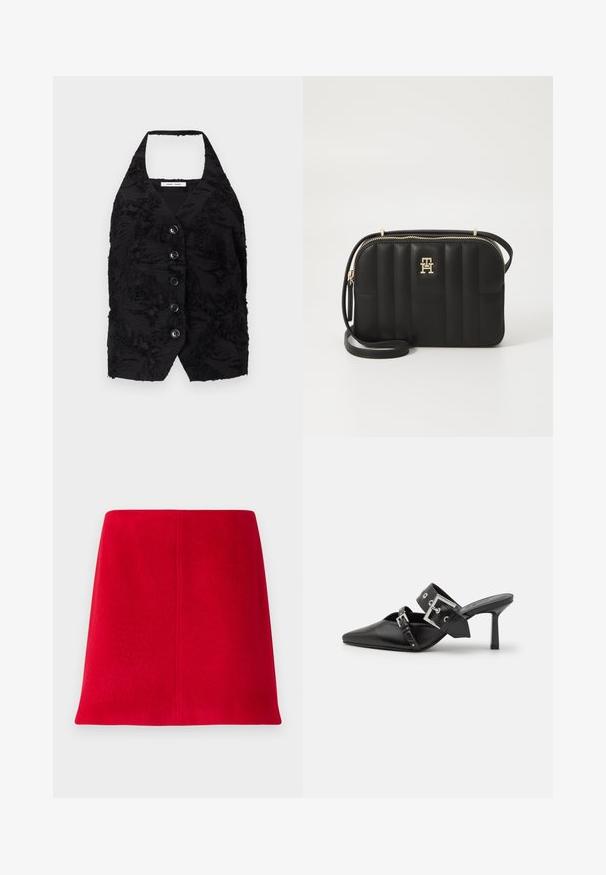 Must vest, mille tekstuuriga kangast, kõrgendatud mustritega, V-kaelusega ja kuue esimise nupuga. Ühe õlaga kaelus, ilma varrukateta, lühikese disainiga.; Valge pika käisega krae särg, mis on valmistatud puuvillast. Omab nööbipaneeli esiosa ja ühte rinna taskut. Sujuv tekstuur, vabalt lõigatud.; Punane mini-seelik, mis on valmistatud tekstuuriga kangast ja millel on sirge lõige. Kujunduses on sujuv esipind ja puhtad jooned ilma dekoratiivsete elementideta.; Mustad mustad kõrged kontsad, terava toe ja siledast nahast. Omab laia pahkluu rihma ruudukujulise hõbedase klambri ja nurgakujuliste naeltega.; Mustmustreen mustriba kott, valmistatud sünteetilisest materjalist, kuldsete detailidega. Kotel on lukuga ja esiküljel logodekoratsioon.