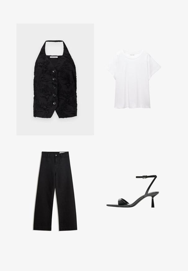 Čierna vesta s textúrovanou tkaninou, ktorá má vyvýšené vzory, výstrih do V a šesť predných gombíkov. Poloholeňový výstrih, bez rukávov, skrátený strih.; Biele tričko vyrobené z mäkkého, ľahkého materiálu. Má okrúhly výstrih a krátke, široké rukávy s uvoľneným strihom. Bez viditeľných vzorov.; Čierne denimové nohavice s širokými nohavicami a vysokým pásom, so prednými a zadnými vreckami, šitými švami a zapínaním na gombík. Hladká textúra.; Bershka Sandále na vysokom opätku - black