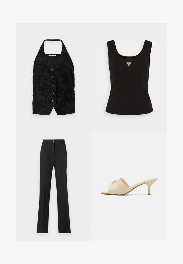 Zwarte vest met een textuurstof met verhoogde patronen, een V-hals, en zes knopen aan de voorkant. Halterhals, zonder mouwen, cropped ontwerp.; Zwarte geribde tanktop met een ronde hals en een klein driehoekig logo in zilveren accenten aan de voorkant in het midden. Aansluitend ontwerp zonder mouwen.; Zwarte, op maat gemaakte broek met een rechte pijpdesign. Beschikt over een knoopsluiting, riemlussen en een zachte, matte textuur.; Beige patent leather open-toe mule sandaal met een lage stilettohak. Kenmerken een centrale decoratieve accent op de bovenkant. Glad, glanzend afwerking.
