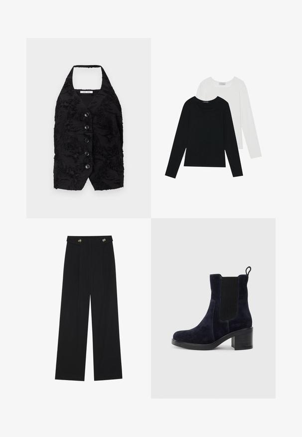 Fekete mellény texturált anyagból, kiemelkedő mintákkal, V-nyakkivágással és hat elülső gombbal. Nyakpántos fazon, ujjatlan, rövidített kivitel.; Két hosszú ujjú felső, az egyik fekete, a másik fehér, mindkettő négyzet alakú nyakkivágással rendelkezik, és puha, rugalmas anyagból készült.; Fekete, bő szárú nadrág magas derékkal, gombos részletekkel a derékrészen és elülső pliszékkal.; Sötétkék velúr bokacsizma elasztikus oldalpanellel, kerek orral és tömbsarkal. A texturált szövet és a sima talp kontrasztot ad.