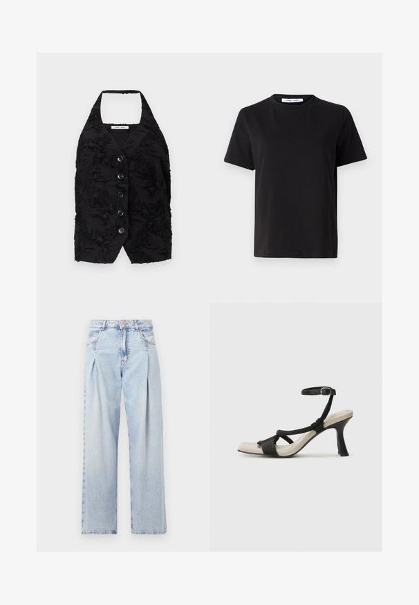 Schwarze Weste aus strukturiertem Stoff mit erhabenen Mustern, V-Ausschnitt und sechs Knöpfen vorne. Halfter-Ausschnitt, ärmellos, kurze Design.; Schwarzes T-Shirt mit kurzen Ärmeln aus weicher Baumwolle, mit rundem Ausschnitt, lockerer Passform und glatter Textur. Keine sichtbaren Muster oder Grafiken.; Helle blaue Denim-Jeans mit hoher Taille, weitem Beinschnitt, zwei seitlichen Taschen und gefaltetem Design. Weiche Textur mit einem ausgebleichten Finish.; Schwarze Absatzsandale mit geflochtenem Riemendesign, quadratischer Spitze und verstellbarem Knöchelriemen. Helle beigefarbene Sohle mit glänzendem schwarzen Absatz.
