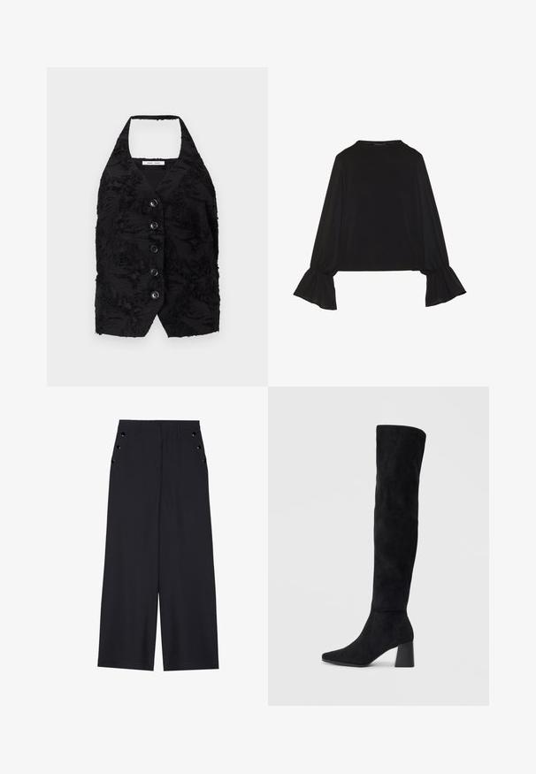 Sort vest med en tekstureret stof, der har ophøjede mønstre, V-halsudskæring og seks knapper foran. Halterneck, uden ærmer, cropped design.; Sort langærmet top med flagrende manchetter, blød tekstur og en afslappet pasform, samt en enkel rund halsudskæring.; Bredde bukser i mørkeblå stof med en glat tekstur, frontplisseringer og dekorative guldfarvede øjenlåg ved sidelommerne.; Sorte ruskind støvler i knæhøjde med blokheel, spids tå og glat, sømløs design på en enkel lys baggrund.