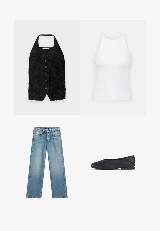 Zwarte vest met een textuurstof met verhoogde patronen, een V-hals, en zes knopen aan de voorkant. Halterhals, zonder mouwen, cropped ontwerp.; Witte mouwloze tanktop van ribstof, met een ronde halslijn en een aansluitende pasvorm, met minimale naden en zonder versieringen.; Lichtblauwe wijde spijkerbroek gemaakt van denim. Voorzien van vijf zakken, een knoopsluiting en subtiele vervagingen, wat zorgt voor een gestructureerde uitstraling.; Zwarte leren platte schoen met ronde teen en lage hak, ontworpen voor casual of formele gelegenheden.