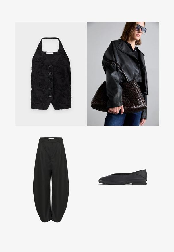 Chaleco negro con una tela texturizada que presenta patrones en relieve, escote en forma de V y seis botones delanteros. Cuello halter, sin mangas, diseño corto.; Top negro sin mangas con escote redondo y diseño de doble tirante. Fabricado en tela de canalé con una textura suave, presenta un dobladillo recto.; Pantalones de pierna ancha de talle alto en negro con pliegues, presillas para cinturón y cierre frontal oculto, diseñados por Gestuz.; Zapato plano de cuero negro con punta redonda y tacón bajo, diseñado para uso casual o formal.; DRAGON DIFFUSION SANTA CROCE BIG - Bolso de mano - dark brown