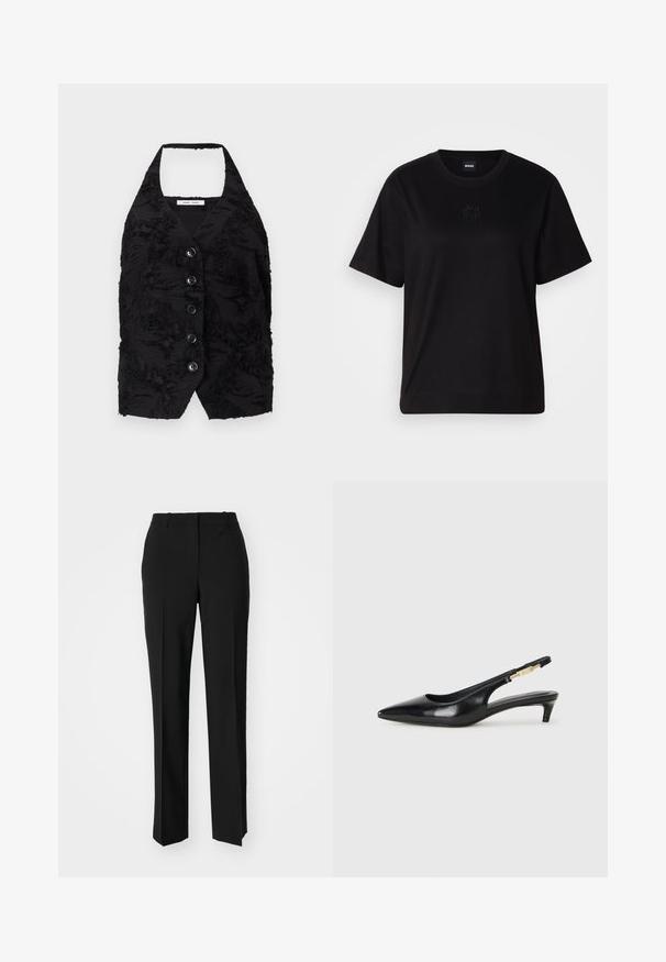 Must vest, mille tekstuuriga kangast, kõrgendatud mustritega, V-kaelusega ja kuue esimise nupuga. Ühe õlaga kaelus, ilma varrukateta, lühikese disainiga.; Mustmust särk, millel on ümar kaelus, lühikesed varrukad ja tindiga tikitud logo rinnal. Lihtne, mugav lõige ilma mustriteta.; Mustad ja sirged püksid, millel on sile tekstuur ja teravad voldid esiosas. Ilma nähtavate detailideta.; Mustad nahast slingback kontsad terava ninaga, millel on õhuke konts ja kuldse tooni aktsent reguleeritaval rihmal. Sile tekstuur.