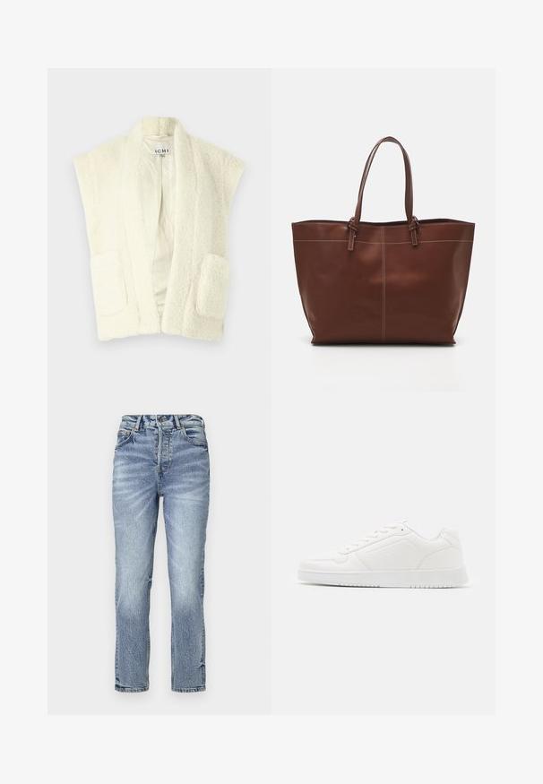 ICHI GIZLA  - Vest - birch; Lys beige genser i myk, teksturert stoff. Har V-hals, lange ermer og sidelufter for enkelhet. Enkelt, minimalistisk design.; Lys blå denim jeans med rett passform, høy midje, falmet tekstur og fem lommer. Har metallknapp og glidelås lukking.; Hvit sneaker laget av glatt syntetisk materiale, med avrundet tå, snøredesign, flat såle og subtil perforering.; Brun lær tote bag med dobbelthåndtak, har kontraststing og en romslig design, egnet for daglig bruk.