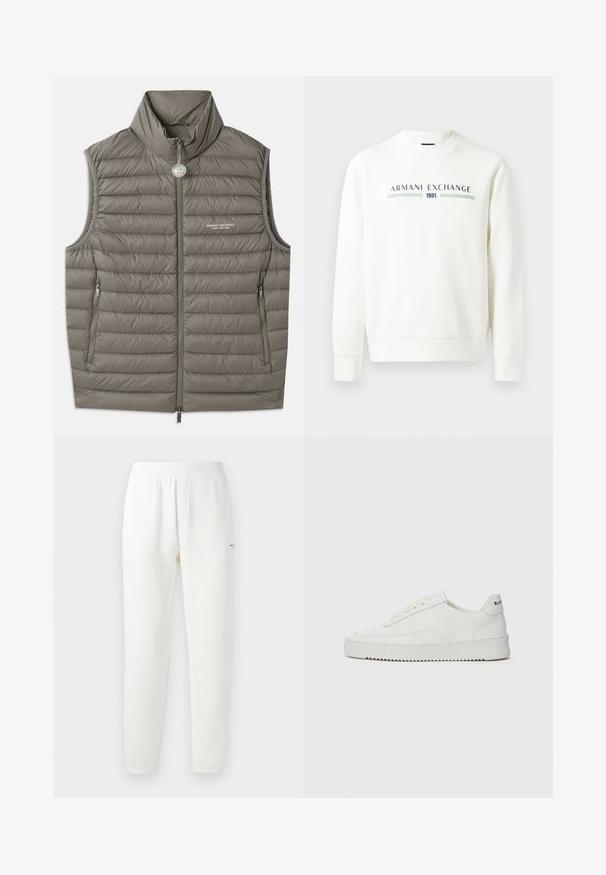 Pufasta prsluk u umirujućoj sivoj boji, s visokim ovratnikom, patentnim zatvaračem sprijeda i dva bočna džepa. Lagano teksturiran s ušivenim prošivima.; Bijela dukserica s okruglim izrezom, dugim rukavima i rebrastim manžetama. Sadrži otisnutu oznaku "Armani Exchange 1991" u plavoj i zelenoj boji.; Siva pamučna majica s diskretnim uzorkom AX loga, okruglim izrezom, kratkim rukavima i ležernim krojem. Glatka tekstura s lagano izbjeljenim stilom.; Bijele trenirke izrađene od mekane tkanine, s elastičnom strukom, suženim nogavicama i malim logom s lijeve strane.; Bijele kožne tenisice s glatkom površinom, okruglim vrhom, ravnim vezicama i teksturiranom potplatom. Imaju suptilan logo na peti.
