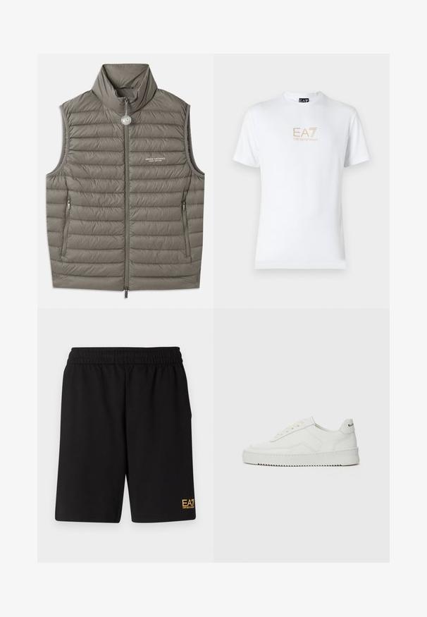 Puhasta jopica v zatemnjenem sivi barvi, z visokim ovratnikom, zadrgo spredaj in dvema stranskima žepoma. S svetlo teksturo in podrobnostmi v obliki kviltanja.; Bela bombažna majica s krožnim izrezom in kratkimi rokavi, s pozlačenim logotipom EA7 Emporio Armani natisnjenim spredaj.; Črne športne kratke hlače iz mehkega blaga, z elastičnim pasom in majhnim rumenim logotipom EA7 na spodnjem levem delu noge.; Bela usnjena športna obutev z gladko površino, okroglo prst, ravne vezalke in teksturiran podplat. Ima diskretno logo na peti.