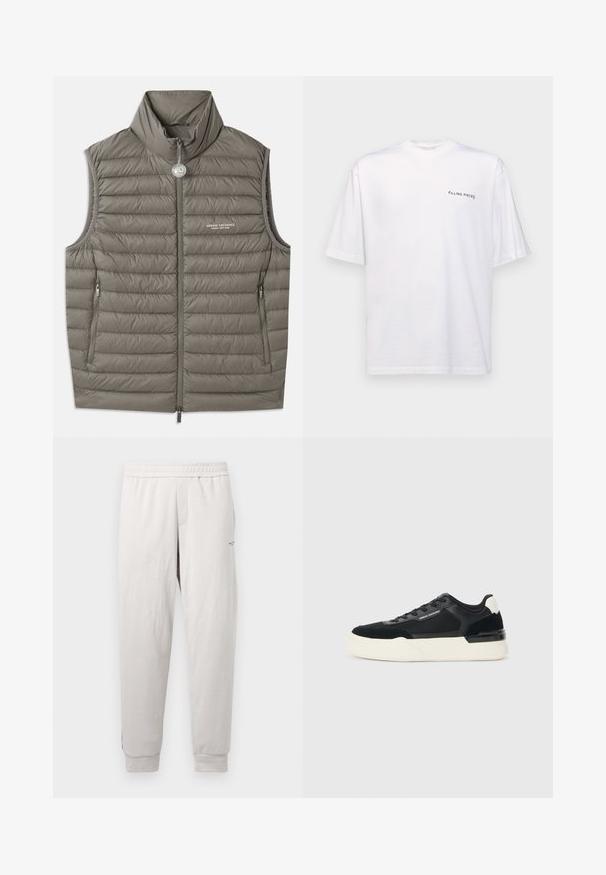 Pufasta prsluk u umirujućoj sivoj boji, s visokim ovratnikom, patentnim zatvaračem sprijeda i dva bočna džepa. Lagano teksturiran s ušivenim prošivima.; Bijela kratka majica s kratkim rukavima od pamuka s V-izrezom, koja na lijevoj strani ima otisnuti crni logotip "FILLING PIECES".; Svijetlosive trenirke s elastičnim pojasom, bočnim džepovima, rebrastim manžetama i suptilnim brandom na nozi, izrađene od mekanog materijala.; Crne tenisice od mrežaste tkanine i kože, s debelim bijelim potplatom i kontrastnim detaljima. Šnure i logo detalj sa strane.