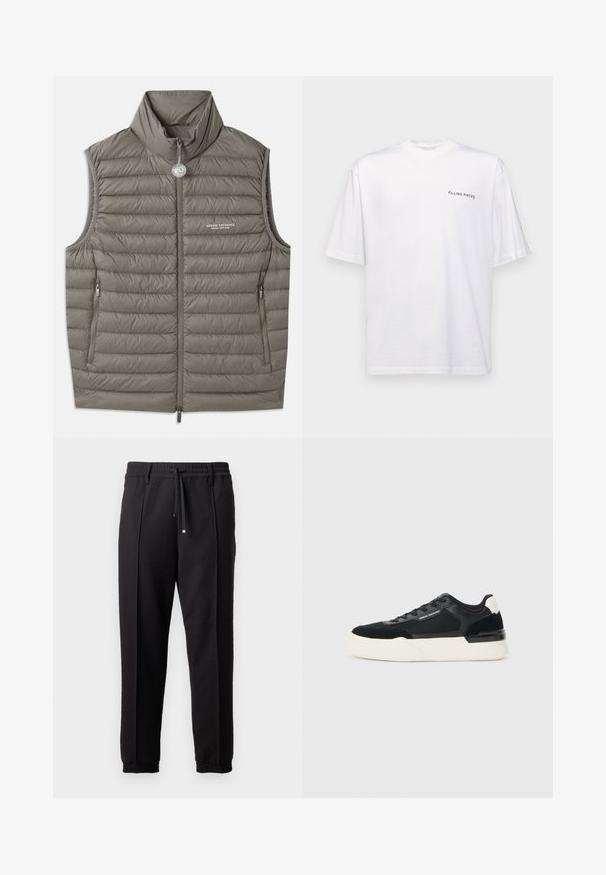 Pufasta prsluk u umirujućoj sivoj boji, s visokim ovratnikom, patentnim zatvaračem sprijeda i dva bočna džepa. Lagano teksturiran s ušivenim prošivima.; Bijela kratka majica s kratkim rukavima od pamuka s V-izrezom, koja na lijevoj strani ima otisnuti crni logotip "FILLING PIECES".; Crne hlače s pojasom, vezicom i elastičnim rubovima. Imaju nabore i glatku, teksturiranu tkaninu.; Crne tenisice od mrežaste tkanine i kože, s debelim bijelim potplatom i kontrastnim detaljima. Šnure i logo detalj sa strane.