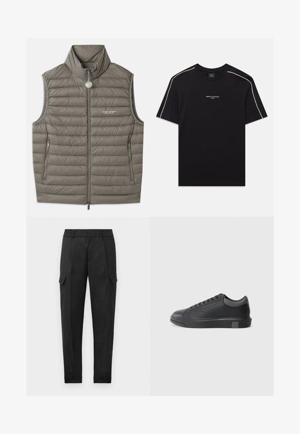 Colete acolchoado em cinza suave, com gola alta, fecho de correr à frente e dois bolsos laterais. Levemente texturizado com detalhe de costura em matelassé.; T-shirt de algodão preto com mangas curtas, gola redonda, costura de destaque bege nos ombros e logo ARMANI EXCHANGE ao centro.; Calças cargo pretas com uma cintura elástica, perna afunilada, bolsos laterais e um único bolso cargo na coxa esquerda. Textura suave.; Sapatilha de couro preto com acabamento suave, bico arredondado e detalhes em cinza escuro. Apresenta um design de atacadores e sola de borracha texturizada.