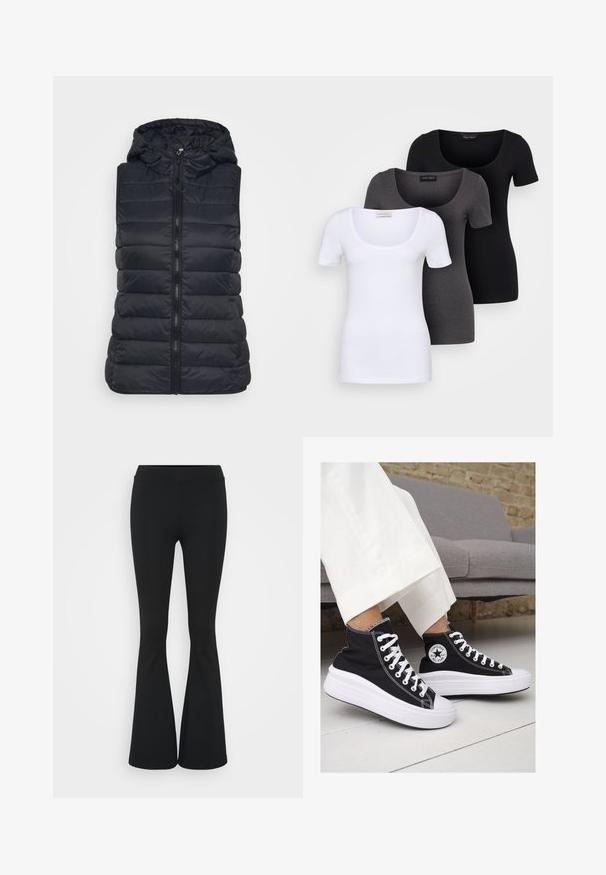 Colete acolchoado preto com capuz, apresentando um fecho central, textura acolchoada horizontal e sem mangas. Adequado para sobreposição em tempo fresco.; Três t-shirts ajustadas em branco, cinza e preto. Cada uma possui um decote amplo e mangas curtas. Feitas de um tecido liso e elástico.; Calças pretas de corte alargado feitas de tecido elástico, com uma cintura alta e uma textura suave. As calças alargam-se a partir do joelho.; Ténis de cano alto em lona preta com solas e atacadores brancos. Apresenta um logo circular na lateral e costura branca em contraste.